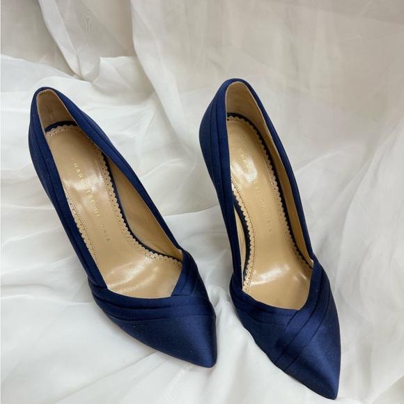 CHARLOTTE OLYMPIA NAVY BLUE SATIN DEBONAIRE PUMPS SIZE 38.5 - Picture 5 of 9